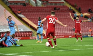 Liverpool’s Diogo Jota lashes the ball into the back of the net.