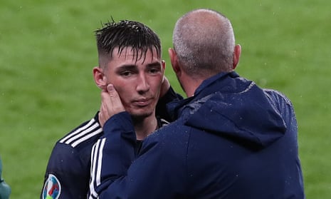 Billy Gilmour with Scotland’s manager, Steve Clarke, after he was substituted during the draw with England at Wembley
