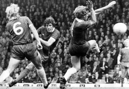 Liverpool’s John Toshack slams the ball past Gordon Taylor and into the Birmingham net on his way to a hat-trick for the Reds in 1975 at Anfield.