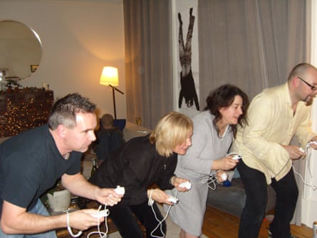 Dominik Diamond (right) and his family play Wii Bowling in 2006 with great intensity.