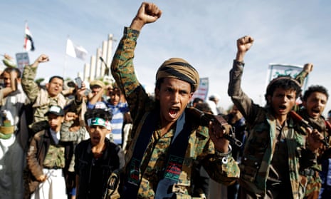 Supporters of the Houthi movement attend a rally to mark the fourth anniversary of the Saudi-led military intervention in Yemen’s war, in Sanaa, Yemen on 26 March.