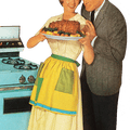 a man admires the roast that his wife made in a 1950s style illustration