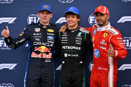 the fastest three drivers, Max Verstappen, Kimi Antonelli and Lewis Hamilton, pose for a photo.
