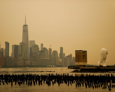The New York City skyline seen through a cover of wildfire smoke