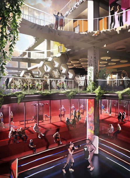 A depiction of the new shopping centre, with people boxing in a ring at the bottom of the image.