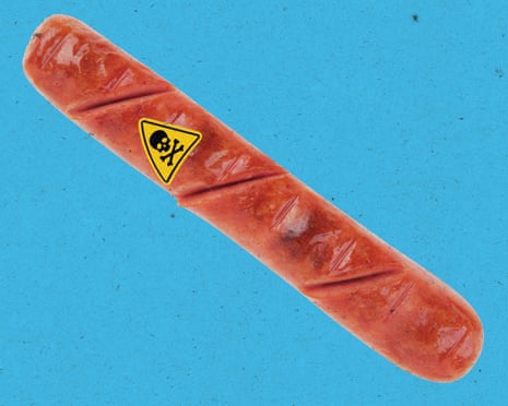 hotdog with warning yellow of skull on yellow background