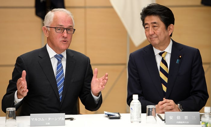 Malcolm Turnbull visits Shinzo Abe at the prime minister’s offices in Tokyo in 2018