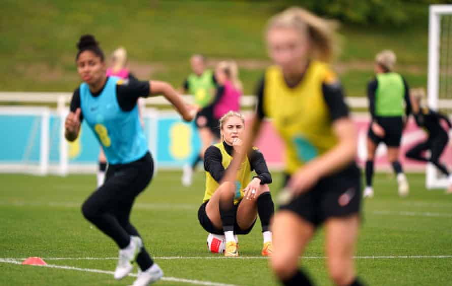 Steph Houghton watches on during a training session at St George's Park.