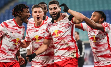 Leipzig's Josko Gvardiol (centre) celebrates with his teammates after opening the scoring in the 4-1 win over Gladbach.