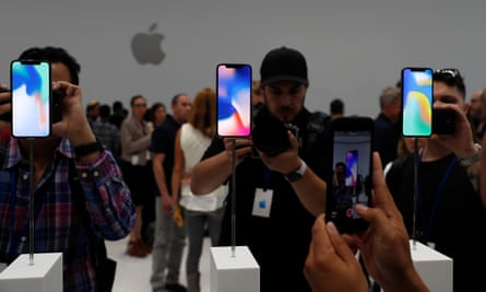 New iPhone models on display at the Apple launch event in Cupertino, California.