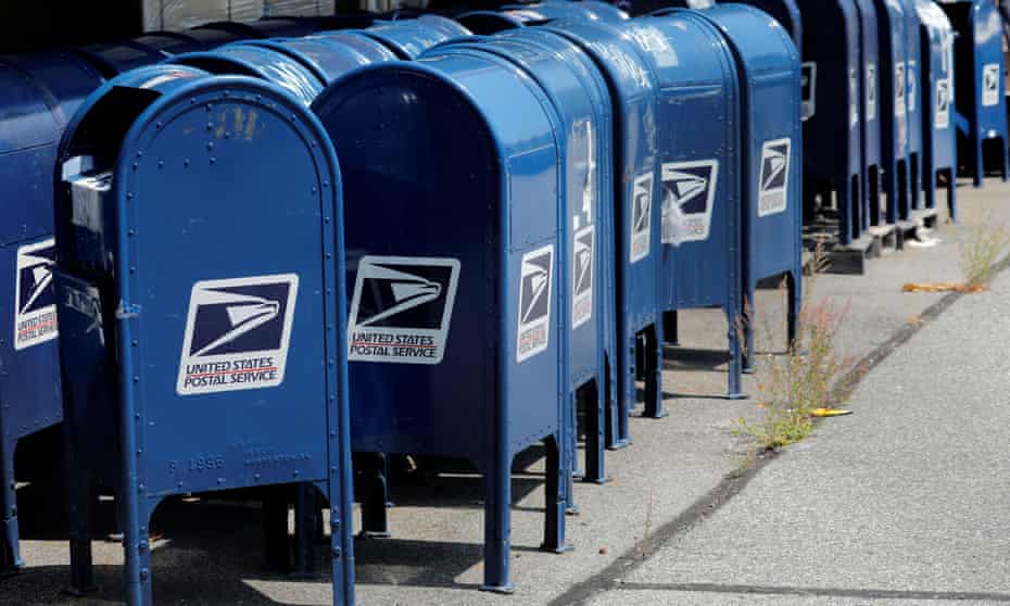 United States Postal Service (USPS) mailboxes stored outside a USPS post office facility in the Bronx, New York.