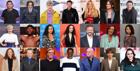 Top row, left to right: Amol Rajan, Bella Ramsey, James Acaster, James Blunt, Jerry Hall, Joanne McNally, and Joe Lycett. Middle row, left to right: Julie Hesmondhalgh, King Kenny, Leigh-Anne Pinnock, Maya Jama, Michael Sheen, Miranda Hart, and Myha'la. Bottom row, left to right: Prof Hannah Fry, Richard E Grant, Rob Beckett, Romesh Ranganathan, Ross Kemp, Sebastian Croft, and Sharon Rooney in The Celebrity Traitors's new series.