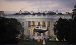 President Donald Trump arrives back at the White House aboard Marine One, Monday evening, Oct. 5, 2020 in Washington, after being treated for COVID-19 at Walter Reed National Military Medical Center.