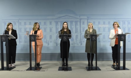 Finnish government press conference in May: (l to r) education minister Li Andersson, finance minister Katri Kulmuni, prime minister Sanna Marin, interior minister Maria Ohisalo and justice minister Anna-Maja Henriksson.