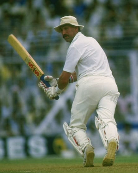 Graham Gooch guides the ball past the India wicketkeeper Kiran More (not in frame) during the 1987 Cricket World Cup semi-final at the Wankhede Stadium in Mumbai