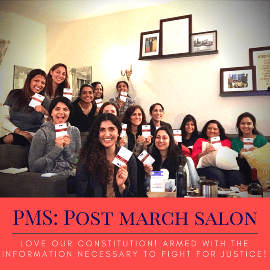 Women in San Francisco gathered at Palak Sheth’s home for the first PMS (Post March Salon) event on February 20, showing off the US constitution given as a handout