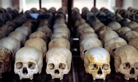 a row of skulls of the victims of the khmer rouge regime in cambodia