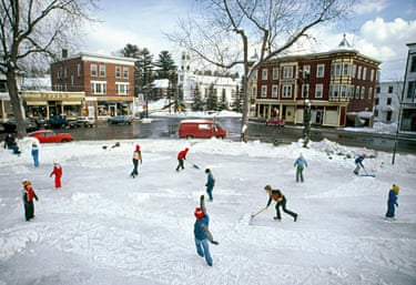 New Hampshire, 1982, Andy Felsenthal Until the 1920s, National Geographic stories focused on American industry, agriculture, and public works. But soon after they started to give way to stories that put more emphasis on images of Americans at leisure, enjoying the fruits of their labours. The images, increasingly shot and reproduced in colour, offered readers a temporary escape from the struggle and monotony of everyday life. Image: Local kids shovel the hockey rink on the Whitefield common, flooded by the town, so they can play the winter game.