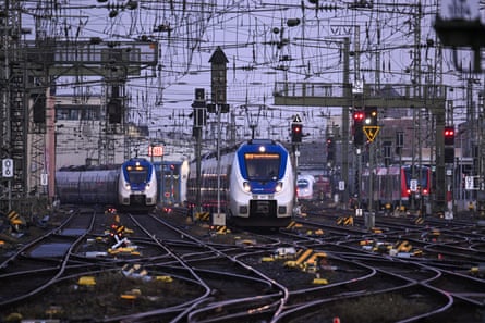 Two regional trains arrive at the main railway station in Cologne, western Germany.