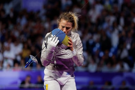 Ukraine’s Olha Kharlan celebrates after winning bronze