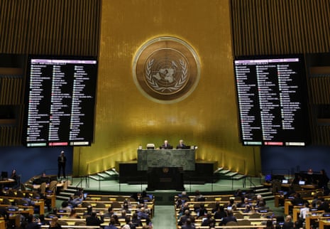 Voting results begin to be counted before the UN General Assembly adopts Ukraine's peace resolution in day two of the 11th Emergency Session of the United Nations on the conflict in Ukraine at United Nations headquarters on Thursday, February 23, 2023 in New York City.