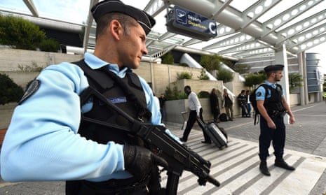 French Gendarmes stand guard at the airport of Montpellier