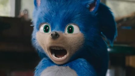 A blue CGI hedgehog gasps with his mouth open