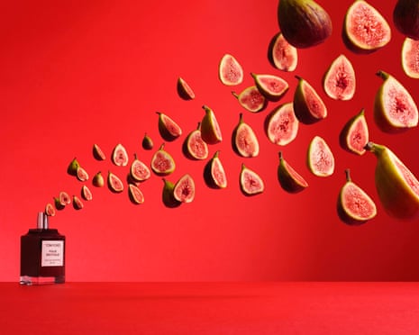 A perfume bottle sits on a red surface with fresh fig slices arranged in a flowing patternFig Perfumes