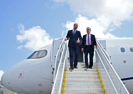 Keir Starmer, right, and Prince William arrive at the Julio Cezar Ribeiro International Airport in Belém, Para State, Brazil, to attend the Cop30 summit today.