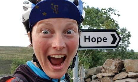 Helen Proudfoot and a signpost for Hope, near Barnard Castle, Durham
