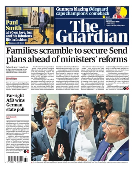 Front page of the Guardian 7 September 2026