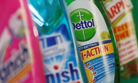 A picture of some of the cleaning products produced by Reckitt Benckiser: Vanish, Finish, Dettol and Harpic.