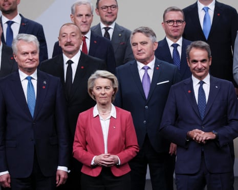 European Commission President Ursula von der Leyen, Lithuanian President Gitanas Nauseda, Greek Prime Minister Kyriakos Mitsotakis, Azerbaijan's President Ilham Aliyev and other leaders stand as they pose for a family photo at the European Political Community summit in Copenhagen, Denmark.