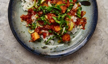 Meera Sodha’s fofu with tomatoes, sweet soy and greens.