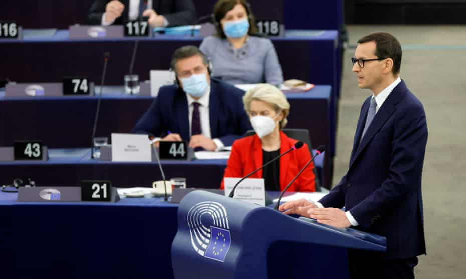 The Polish prime minister, Mateusz Morawiecki, delivers a speech in front of Ursula von der Leyen at the European parliament in Strasbourg