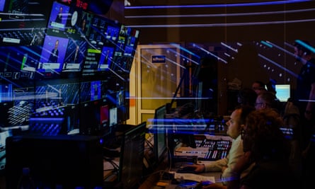 The newsroom of TVP Info in Warsaw with Donald Tusk, the Polish prime minister, on the screens
