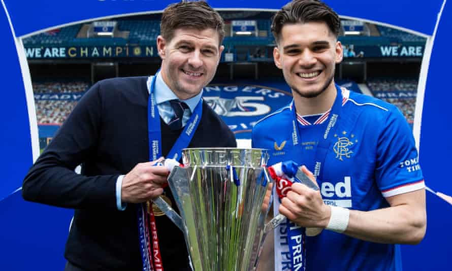 Steven Gerrard and Ianis Hagi after winning the Scottish Premiership title at Ibrox