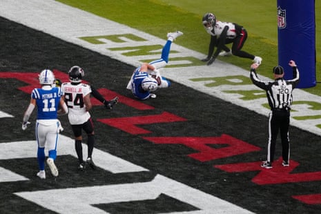 Indianapolis Colts wide receiver Alec Pierce comes down with the touchdown