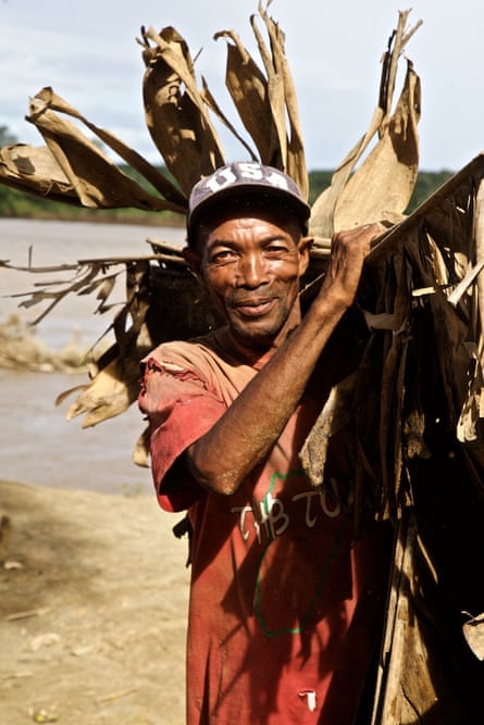 Liman gathers palm fronds from the riverbank