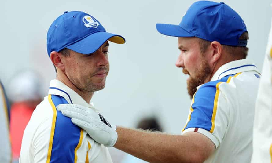Shane Lowry (right) consoles Rory McIlroy as the Ryder Cup slipped away from Europe’s grasp at Whistling Straits.
