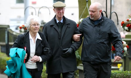 Jack Charlton (centre) and wife Pat Kemp arrive for the funeral service for Gordon Banks at Stoke Minster in March 2018.