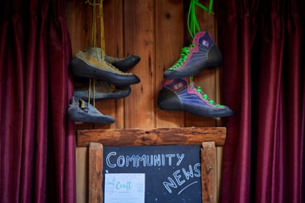 Old hiking boots used as wall art at YHA Borrowdale.