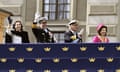 From left, Denmark's Queen Mary, King Frederik X, Sweden's King Carl XVI Gustaf and Queen Silvia wave from the balcony at the Royal Palace, in Stockholm, Sweden. 