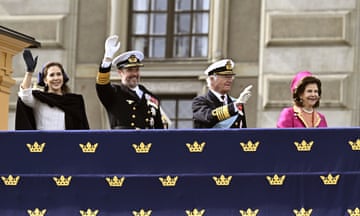 From left, Denmark's Queen Mary, King Frederik X, Sweden's King Carl XVI Gustaf and Queen Silvia wave from the balcony at the Royal Palace, in Stockholm, Sweden. 