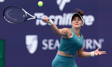 Bianca Andreescu hits a forehand at full throttle against Emma Raducanu