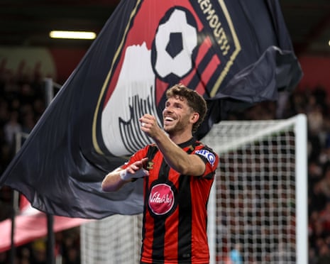 Ryan Christie of Bournemouth celebrates after he heads in his second to make it 2-0 against Lincoln City.
