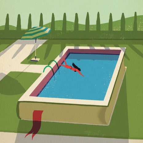 Illustration by Lehel Kovacs of a woman diving in to a book-shaped swimming pool