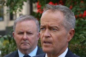 Bill Shorten and shadow infrastructure and transport minister Anthony Albanese at a press event on 1 April 2019.