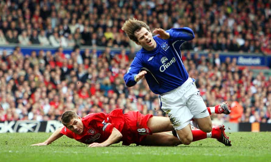 Steven Gerrard fouls Everton’s Kevin Kilbane, earning a second yellow card in the Merseyside derby back in 2006.