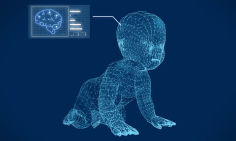 Wire frame of the model of the baby with graphics.Wire frame of the model of the baby with graphics research on blue screen.3D rendering.